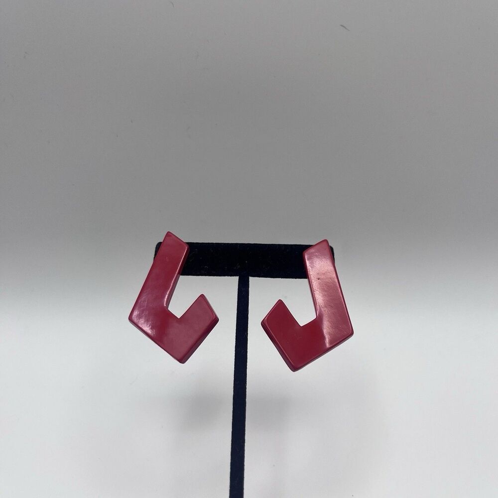 Vintage Retro 1980s Geometric Red Drop Earrings Stud Plastic Abstract Costume